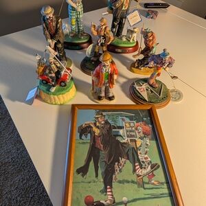Vintage Clown Figurine Collection with Framed Clown Print - Multicolor
